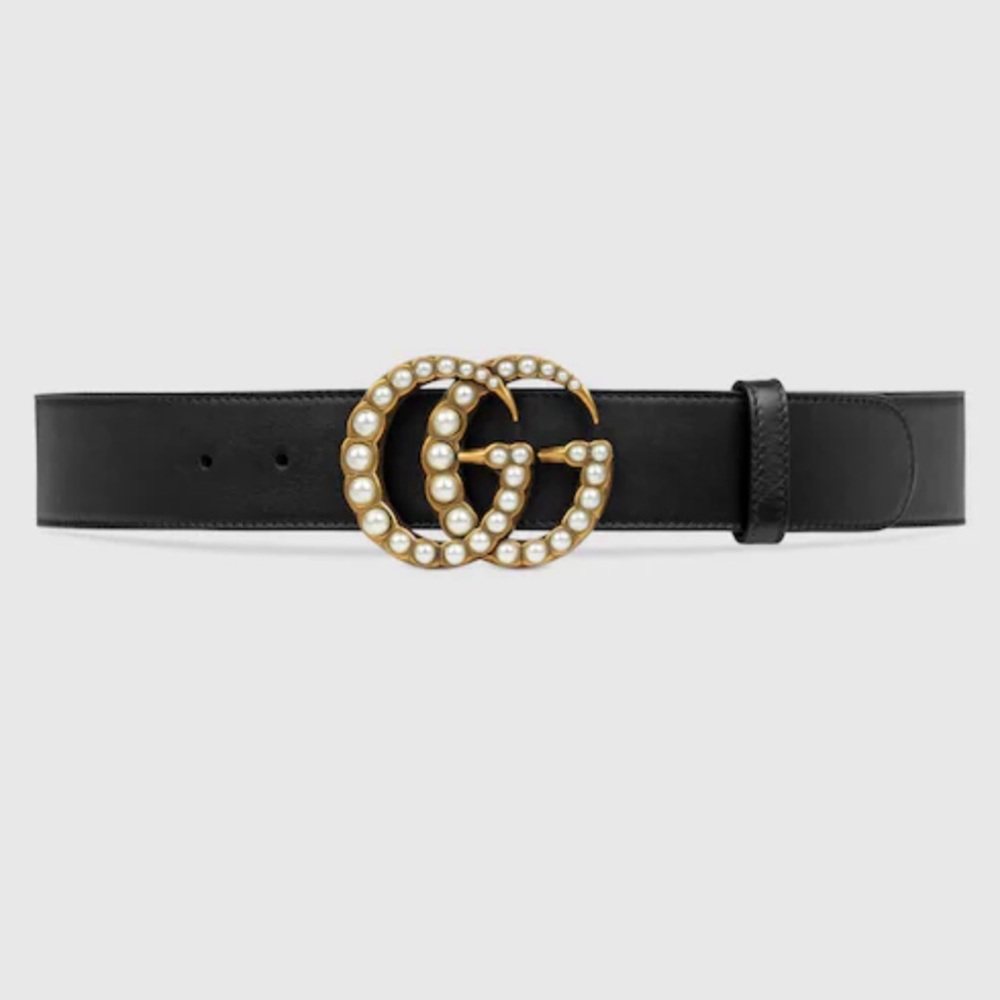 Gucci LEATHER BELT WITH PEARL DOUBLE G Size 80